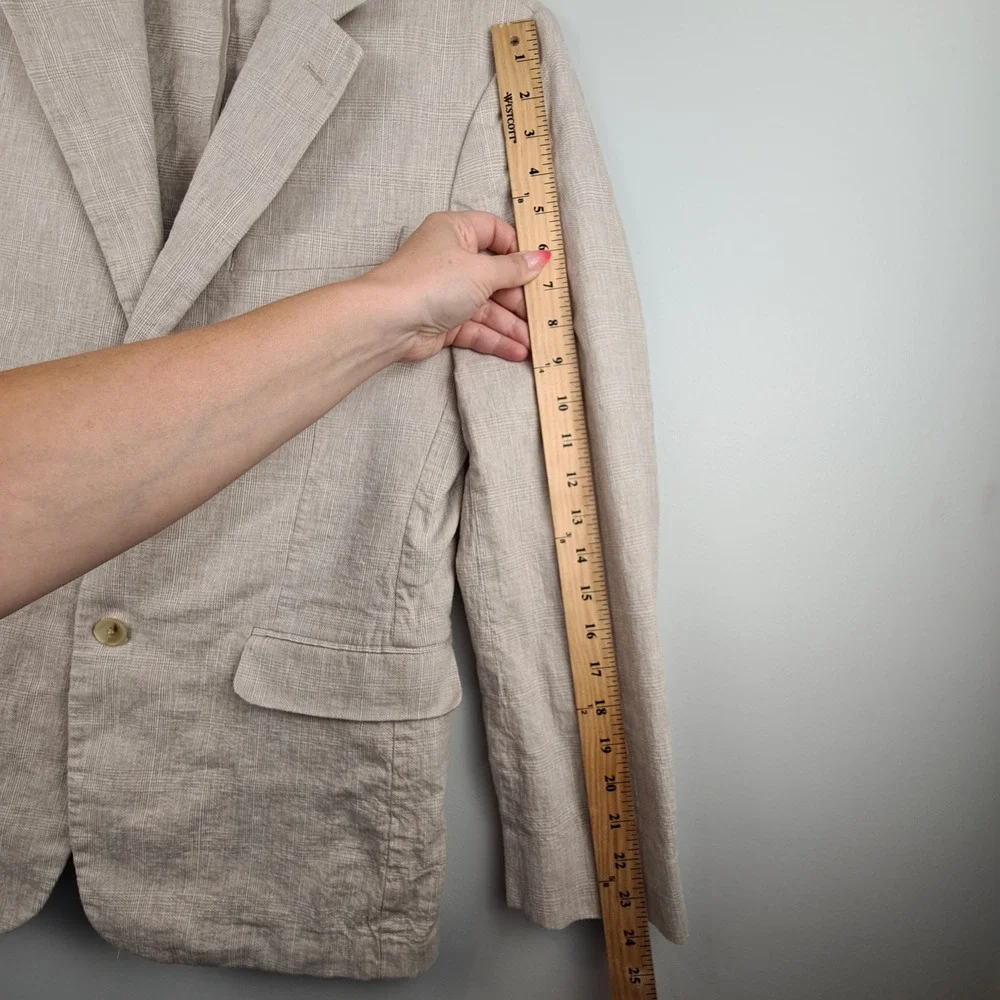 Banana Republic Mens 40S Tailored Linen Blend Glen Plaid Blazer Beige 40 Short